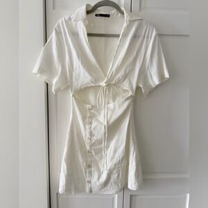 Zara White Linen Blend Cut Out Tie Front Mini Dress Size S Button Front Summer